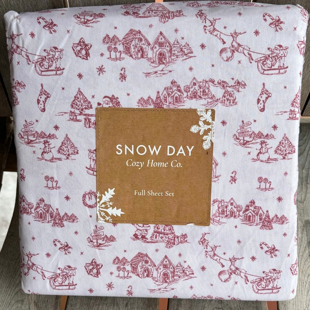 NEW Snow Day Red Toile Village Holiday Christmas Tree Full Size Sheet Set